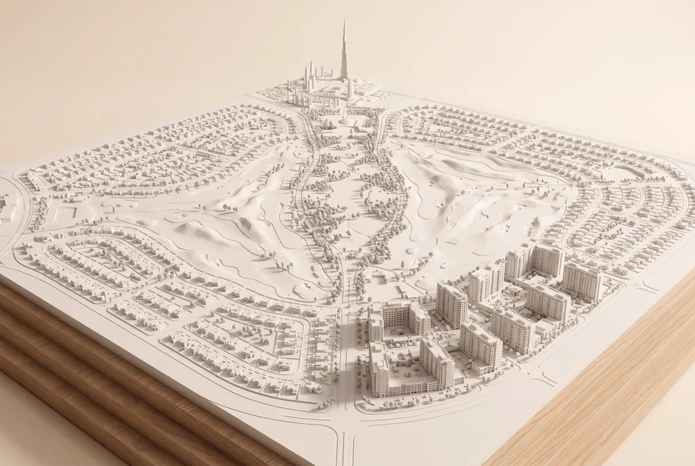 Гипсовый макет Dubai Hills Estate: парк, гольф-поле, виллы и квартирные дома