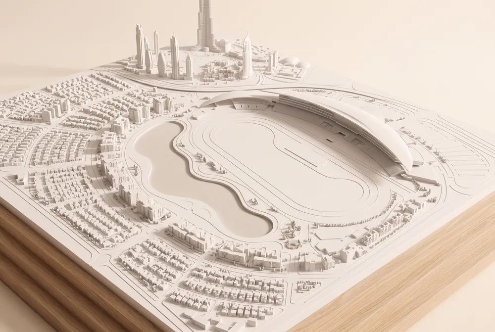 Гипсовый макет MBR City: трибуна ипподрома Meydan, лагуна и кварталы вокруг